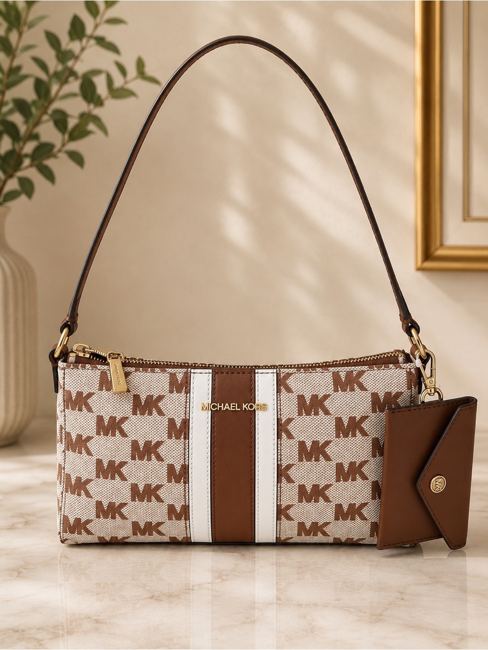 NWT Michael Kors Vincent MK Logo Jacquard Pochette Shoulder Bag
